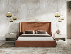 Lamod Roma & Lago Modern Burnt Orange Velvet & Faux Travertine Bed With Nightstands Set Model VGAC-ROMALAGO-3PC-SET
