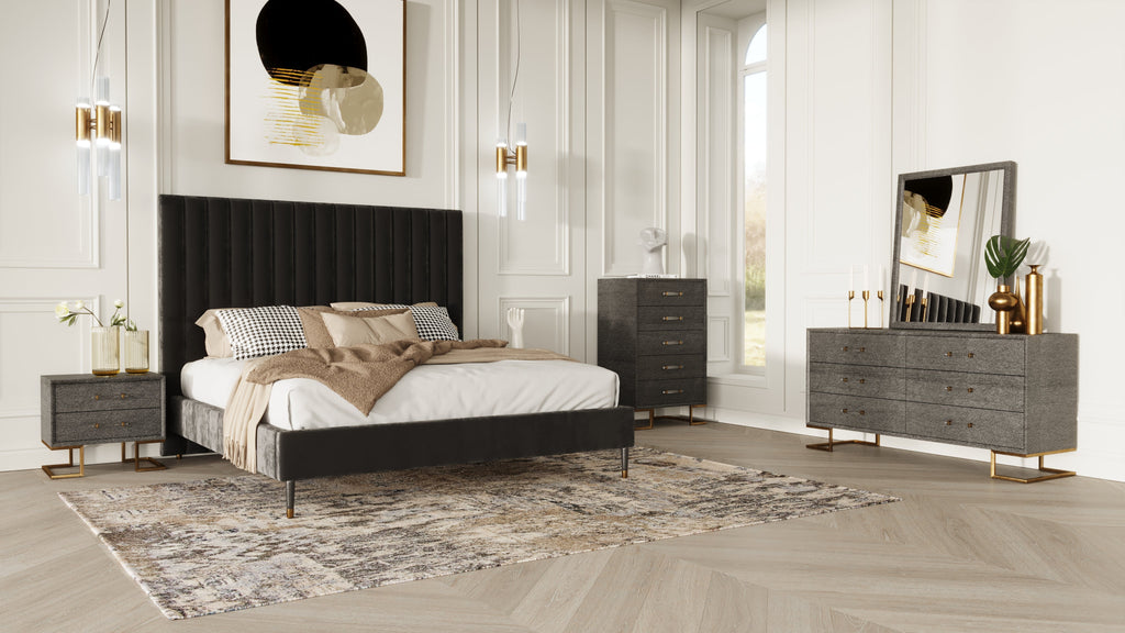 Modrest Hemlock Howard Modern Dark Grey Velvet And Shagreen Grey Queen Bedroom Set Model VGKKB606-GRY-H-SET-Q