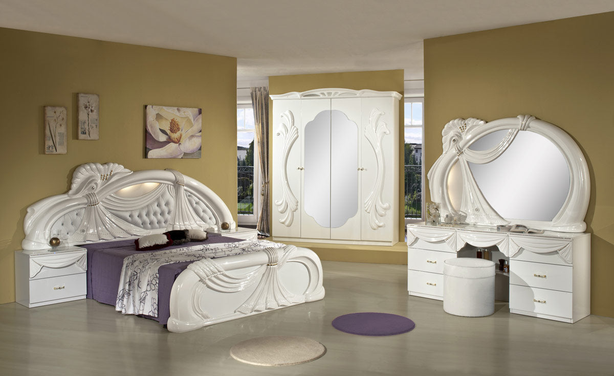 Ensemble de chambre à coucher classique italien Eastern King Gina White, fabriqué en Italie, modèle VGACCGINA-WHT-EK
