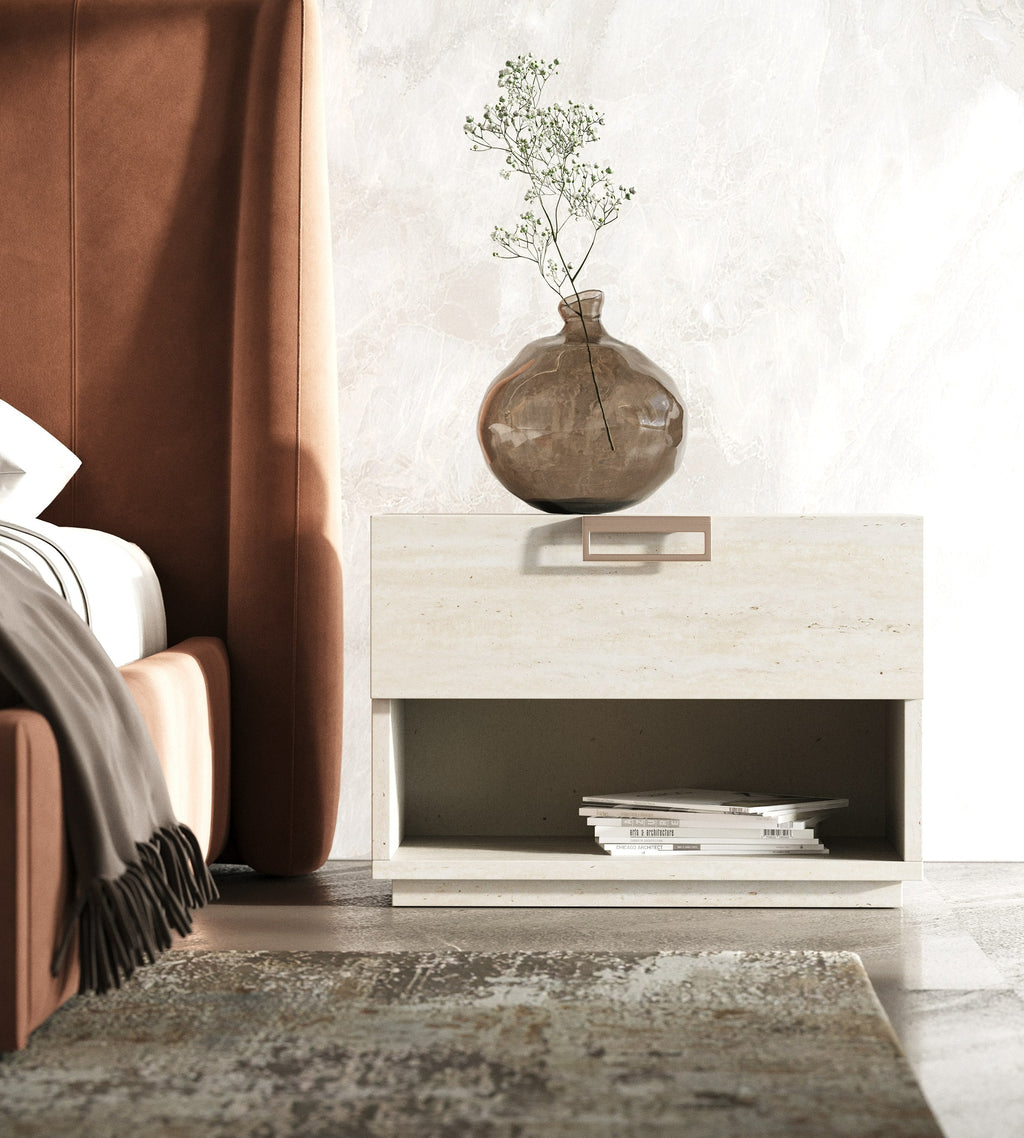 Lamod Roma & Lago Modern Burnt Orange Velvet & Faux Travertine Bed With Nightstands Set Model VGAC-ROMALAGO-3PC-SET