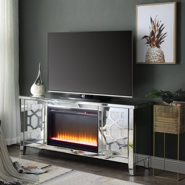 ACME Noralie Mirrored & Faux Diamonds TV Stand with Fireplace Model LV00312