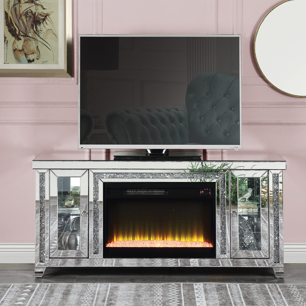 ACME Noralie Mirrored & Faux Diamonds TV Stand with Fireplace & LED Model LV00315