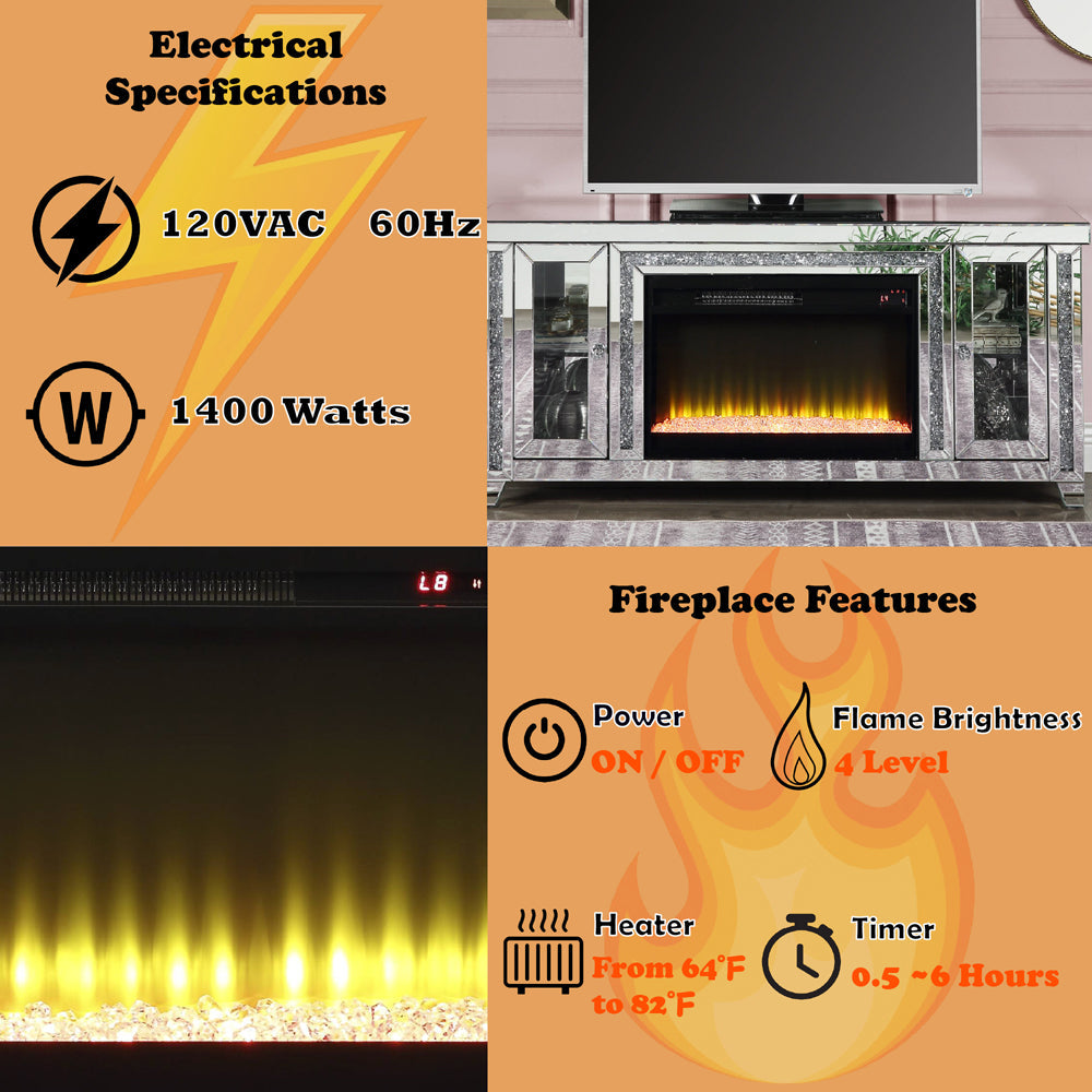 ACME Noralie Mirrored & Faux Diamonds TV Stand with Fireplace & LED Model LV00315