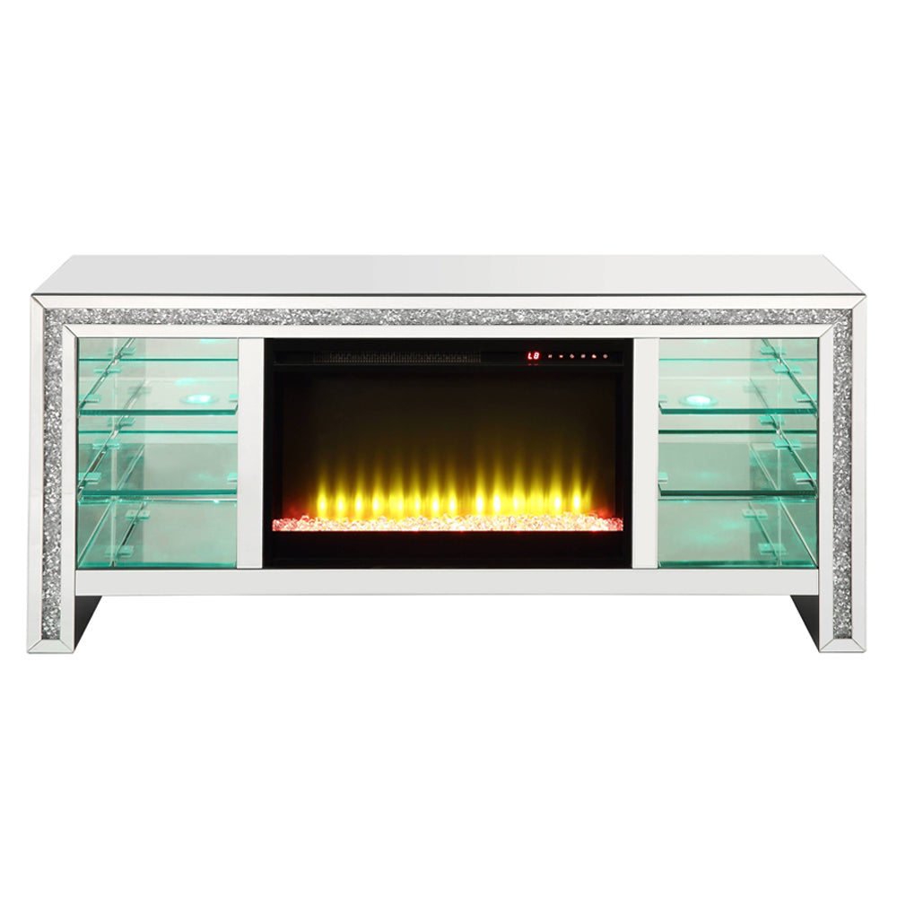 ACME Noralie Mirrored & Faux Diamonds TV Stand with Fireplace & LED Model LV00317