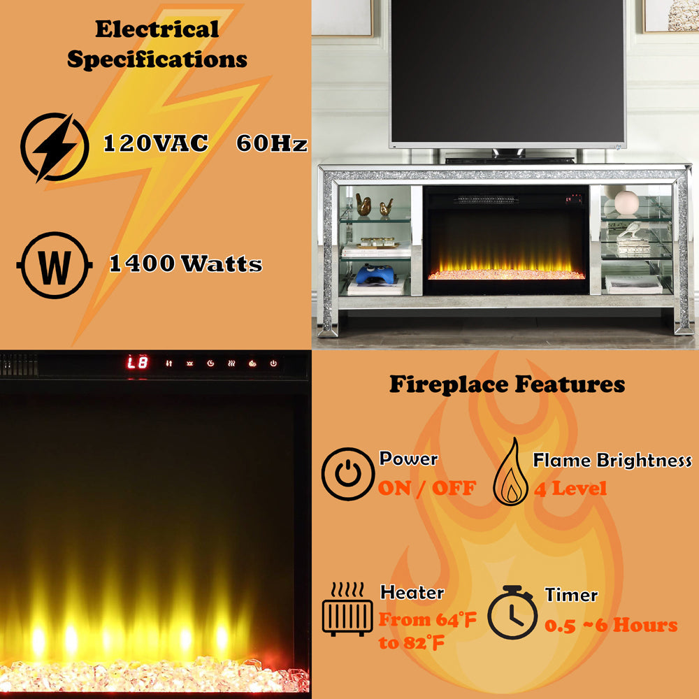 ACME Noralie Mirrored & Faux Diamonds TV Stand with Fireplace & LED Model LV00317