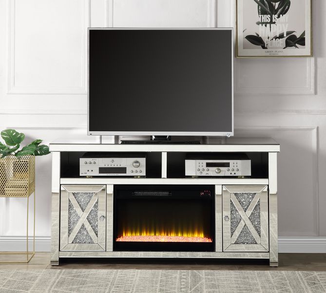 ACME Noralie Mirrored & Faux Diamonds TV Stand with Fireplace Model LV00318