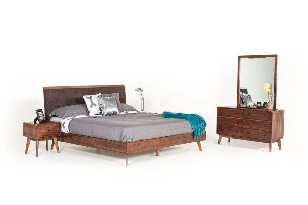 Eastern King Modrest Marshall Mid Century Modern Brown Fabric & Walnut Bedroom Set Model VGMABR-39-SET-EK