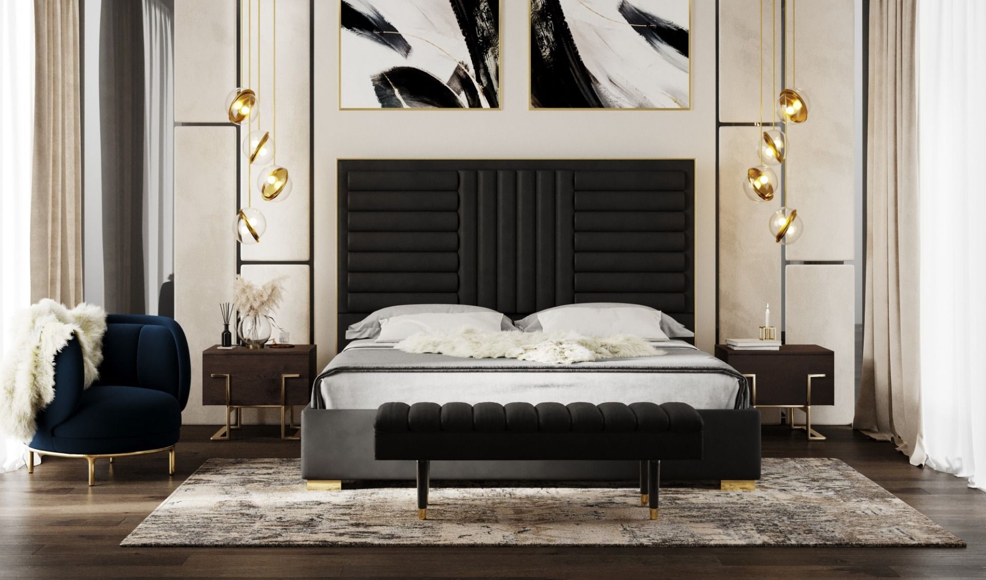 Lit Eastern King Modrest Daystar Modern en velours noir et or, modèle VGVCBD1905-19-BLK-BED-EK