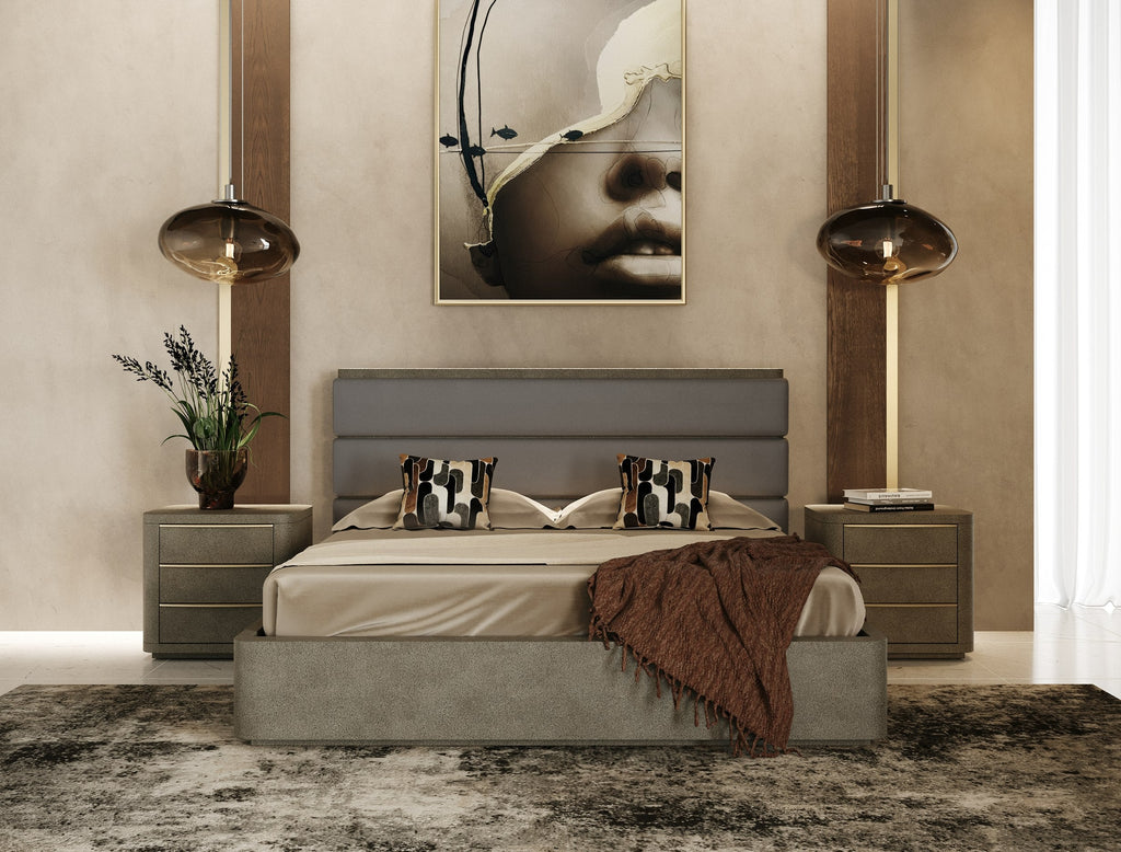 Modrest Lois Modern Grey Leather & Beige Shagreen Bedroom Set Model VGVC-BD2408-SET-EK