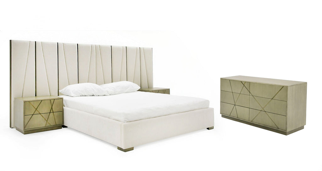 Lit California King Modrest Nixa en velours beige moderne et bronze brossé, modèle VGVC-BD1909-BED-BGE-CK