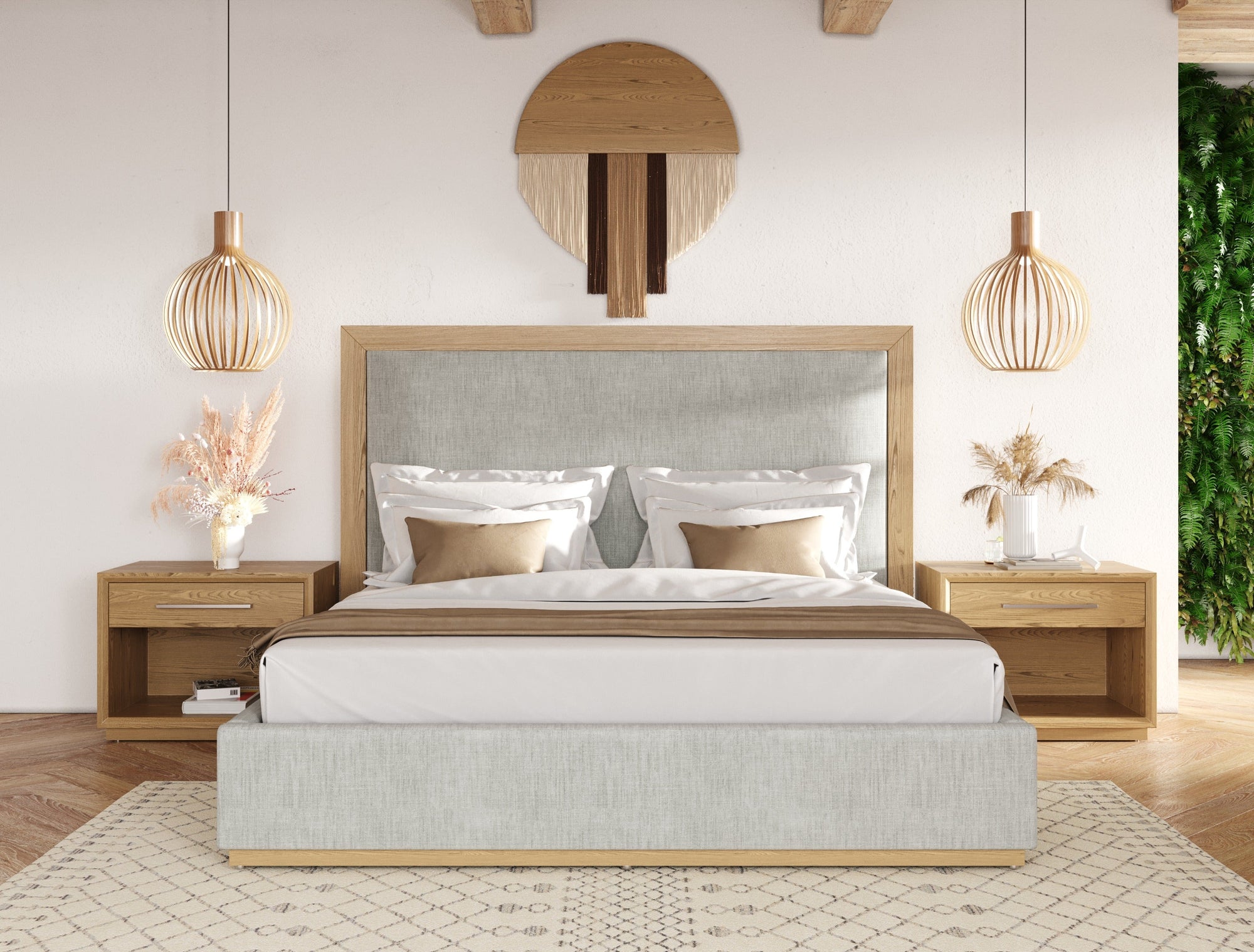 Lit Eastern King Nova Domus Santa Barbara en tissu gris moderne et tissu naturel, modèle VGMABR-152-BED-EK