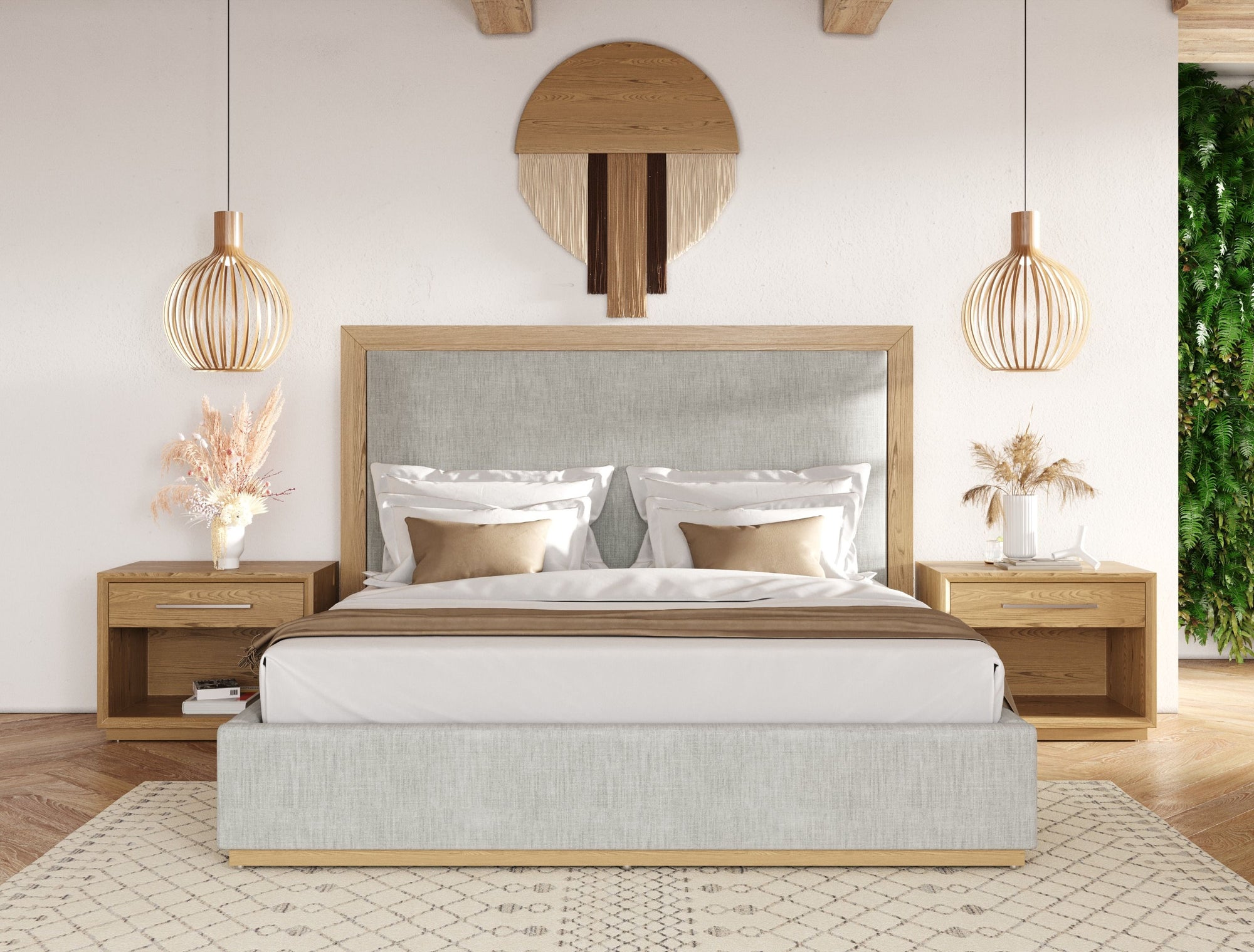 Lit California King Nova Domus Santa Barbara en tissu gris moderne et tissu naturel, modèle VGMABR-152-BED-CK