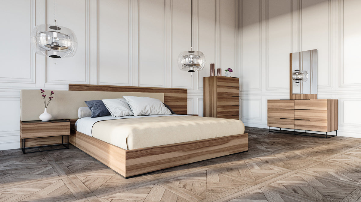 Nova Domus Matteo Italian Modern Walnut & Fabric Bed & 2 Nightstands & Dresser Set Model VGACMATTEO-BEDNSD-SET