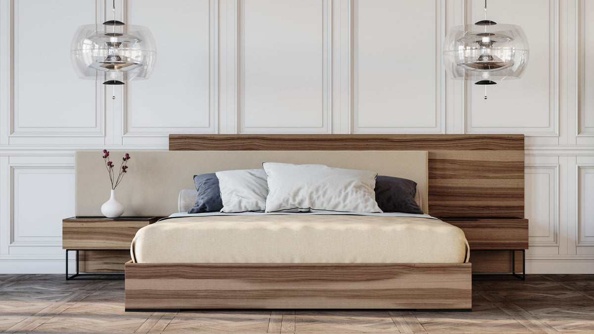 Queen Nova Domus Matteo Italian Modern Walnut & Fabric Bed & 2 Nightstands & Dresser Set Model VGACMATTEO-BEDNSD-SET-Q