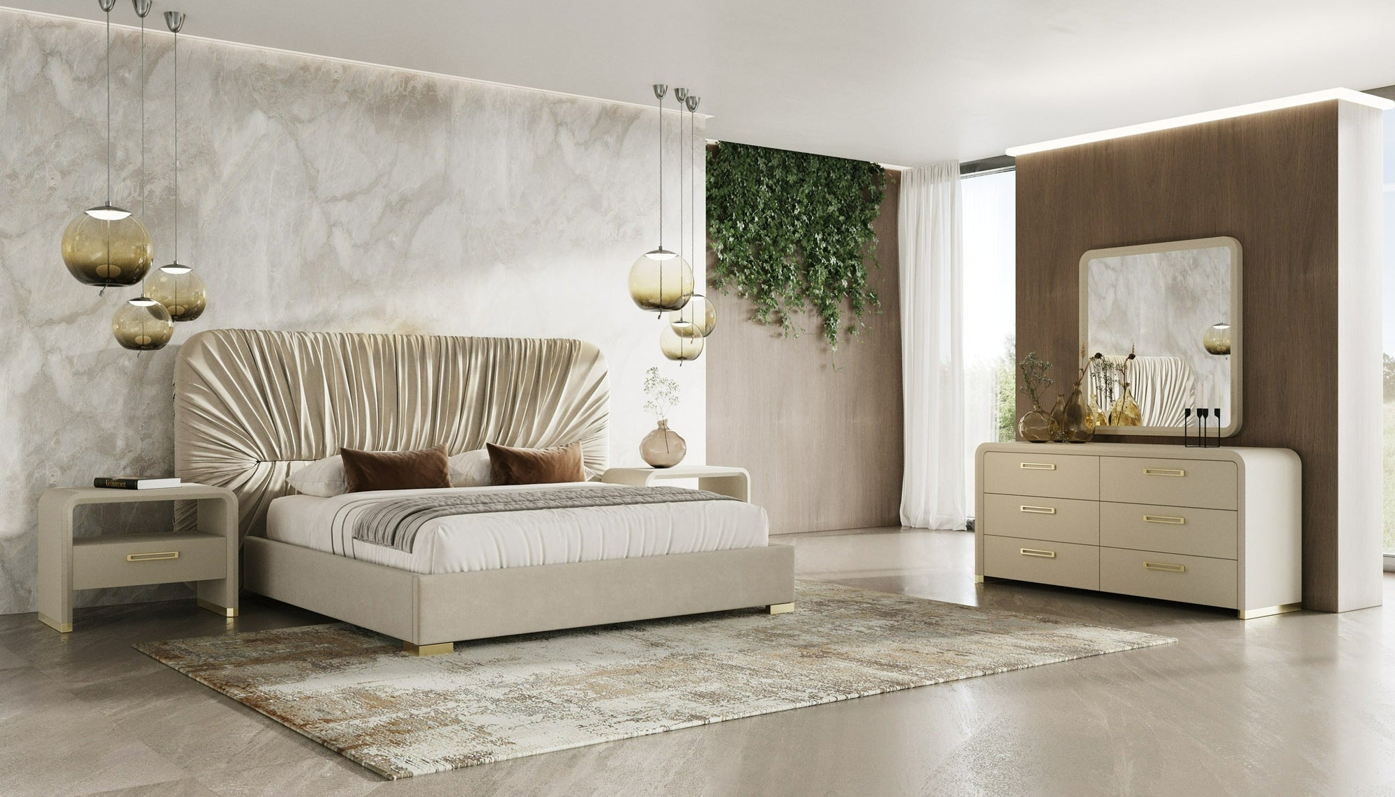 Modrest Florence Modern Beige Velvet & Leatherette Bedroom Set Model VGVC-BD2410-SET