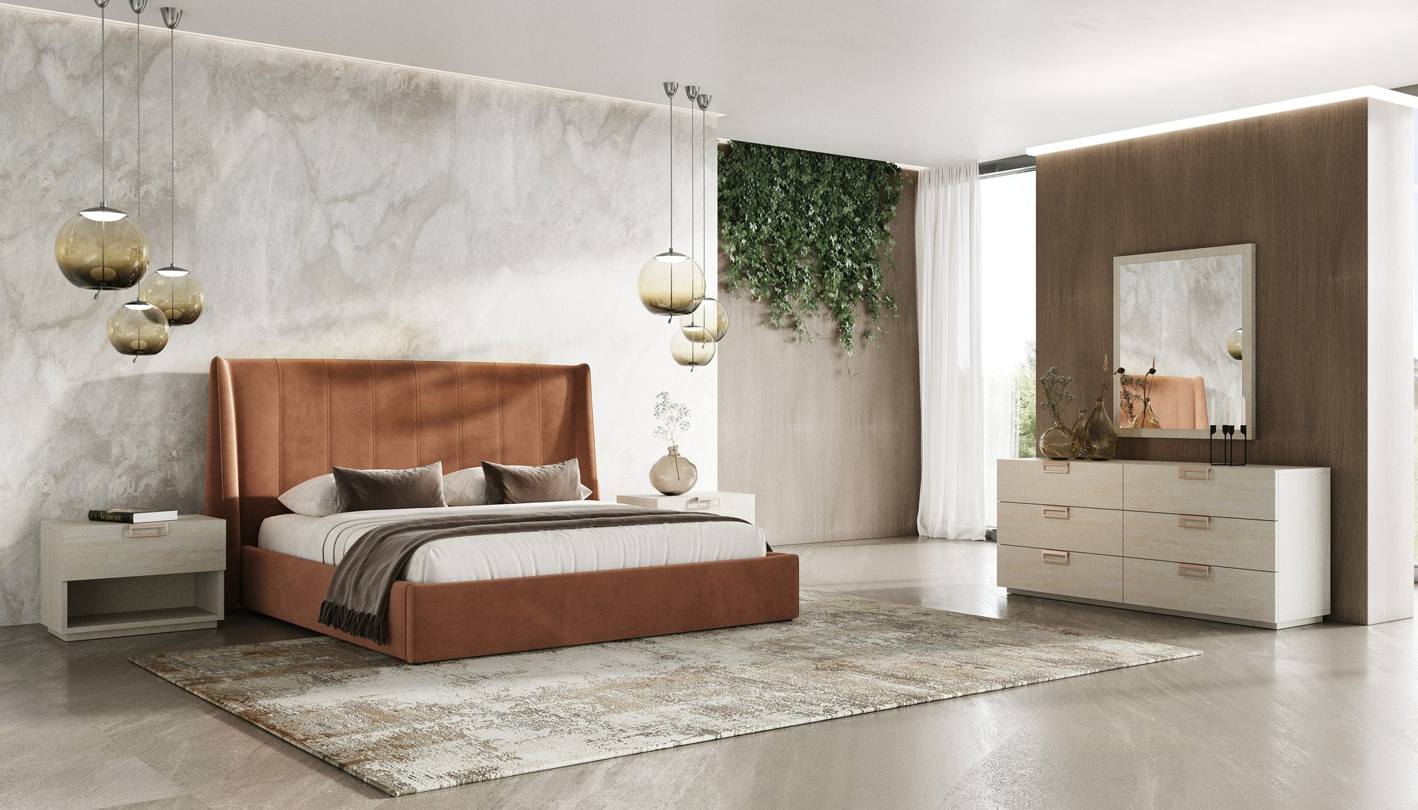 Eastern King Lamod Roma & Lago Modern Burnt Orange Velvet & Faux Travertine 4 Piece Bedroom Set Model VGAC-ROMALAGO-4PC-SET-EK