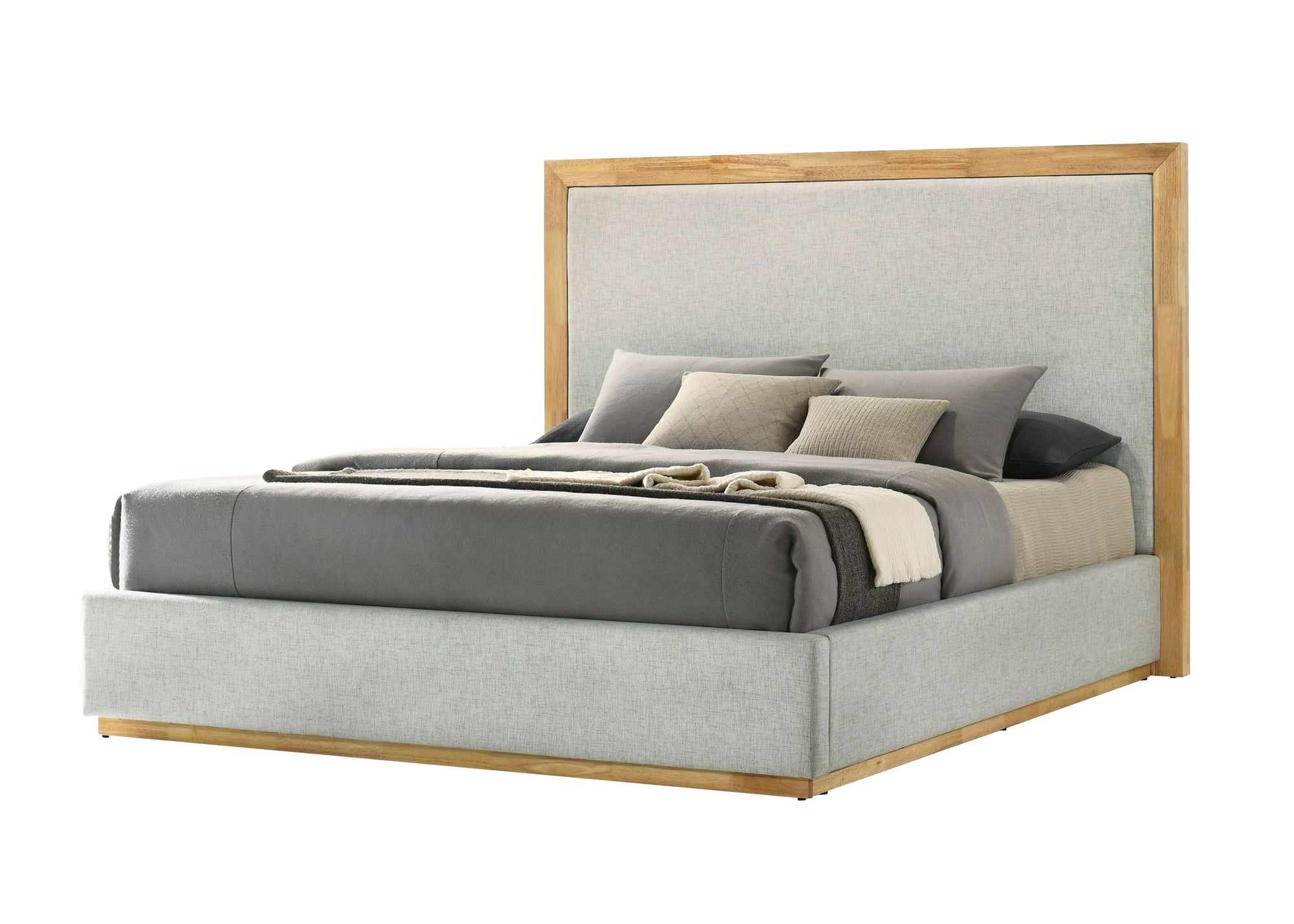 Lit California King Nova Domus Santa Barbara en tissu gris moderne et tissu naturel, modèle VGMABR-152-BED-CK